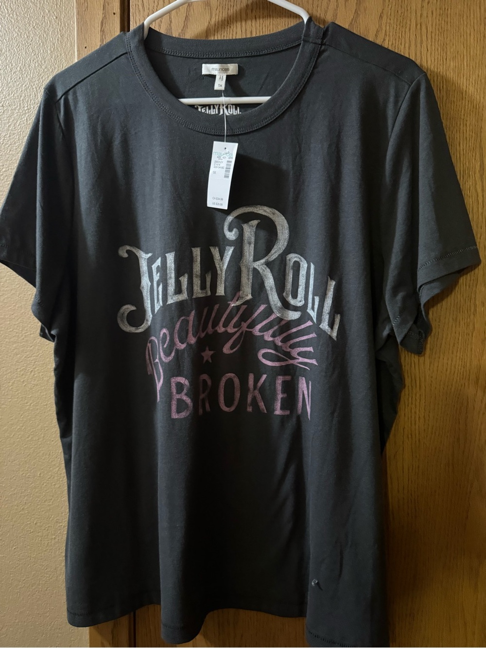 Maurices Black Short-Sleeve Graphic Jelly Roll Tee with Pink and Silver Print